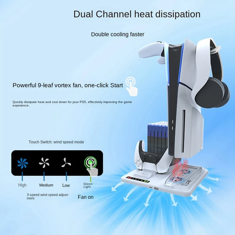 PS5 슬림 스탠드 베이스 및 냉각 선풍기 충전기, 컨트롤러 충전 스테이션 포함, 슬림 액세서리 독