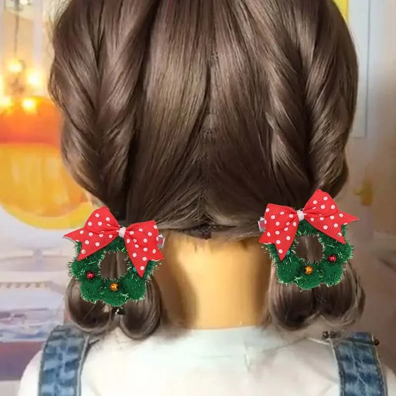 Oaoleer 2Pcs Christmas Wreath Hair Clips For Baby Girls Mini Handmade Bowknote Wreaths Hairpin Barrettes Kids Hair Accessories