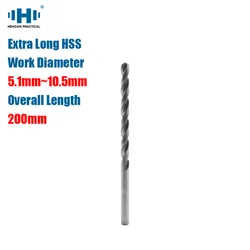 Broca Longa HSS High Speed Steel Dia, Abridor de furos, Ferramentas Twists, Alumínio, Ferro, Metal, Plástico, Madeira, 200mm, 5.1mm-10.mm