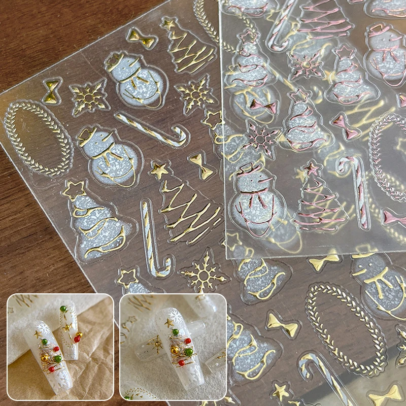 1Sheet Christmas Tree Nail Art Stickers Bow Snowman Walking Stick Delicate Line Rose Gold With Backing Nail Decoration