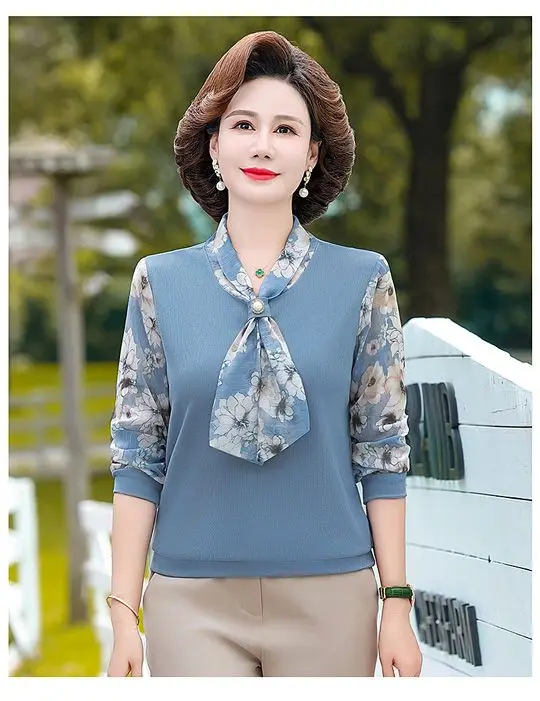 T-shirt da donna di mezza età in stile occidentale della mamma Top a maniche lunghe di mezza età e anziani