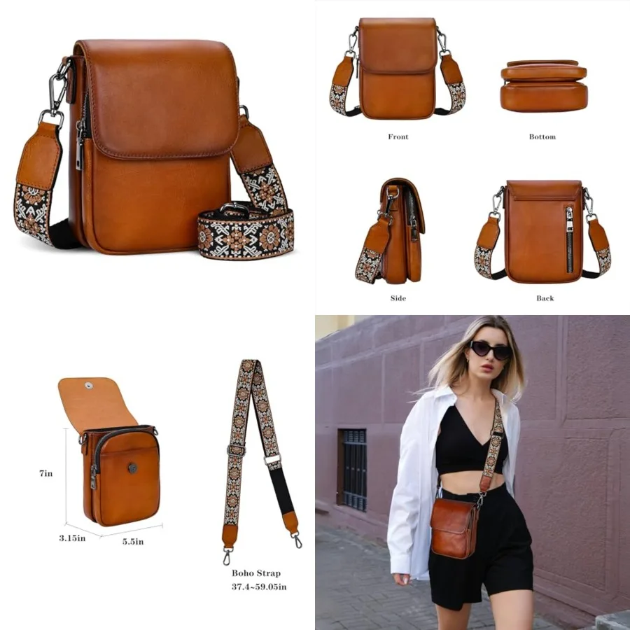 Leather Small Crossbody Bags for Women RFID Blocking Cell Phone Purse Anti-Theft Travel Bag with wide Straps