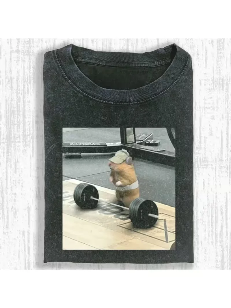 Gym Fitness Muscular Hamster Graphic T-Shirt, Unisex Vintage Washed Crew Neck Loose Casual Short Sleeve Daily Street Style Top