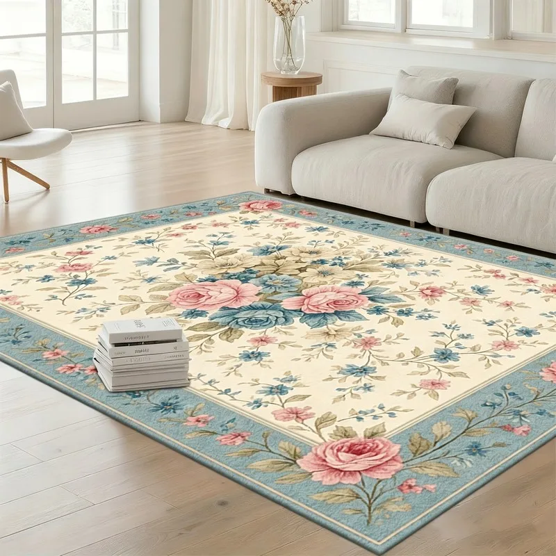 Off-white Rug with Powder-Blue Rose Floral Pattern – French Country Style for Living Room or Bedroom