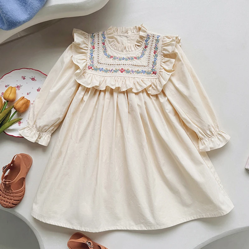 

Новинка 2023 года, осенняя детская одежда, праздничное платье для маленьких девочек от 2 до 7 лет, хлопковые детские платья принцессы с длинными рукавами и вышивкой