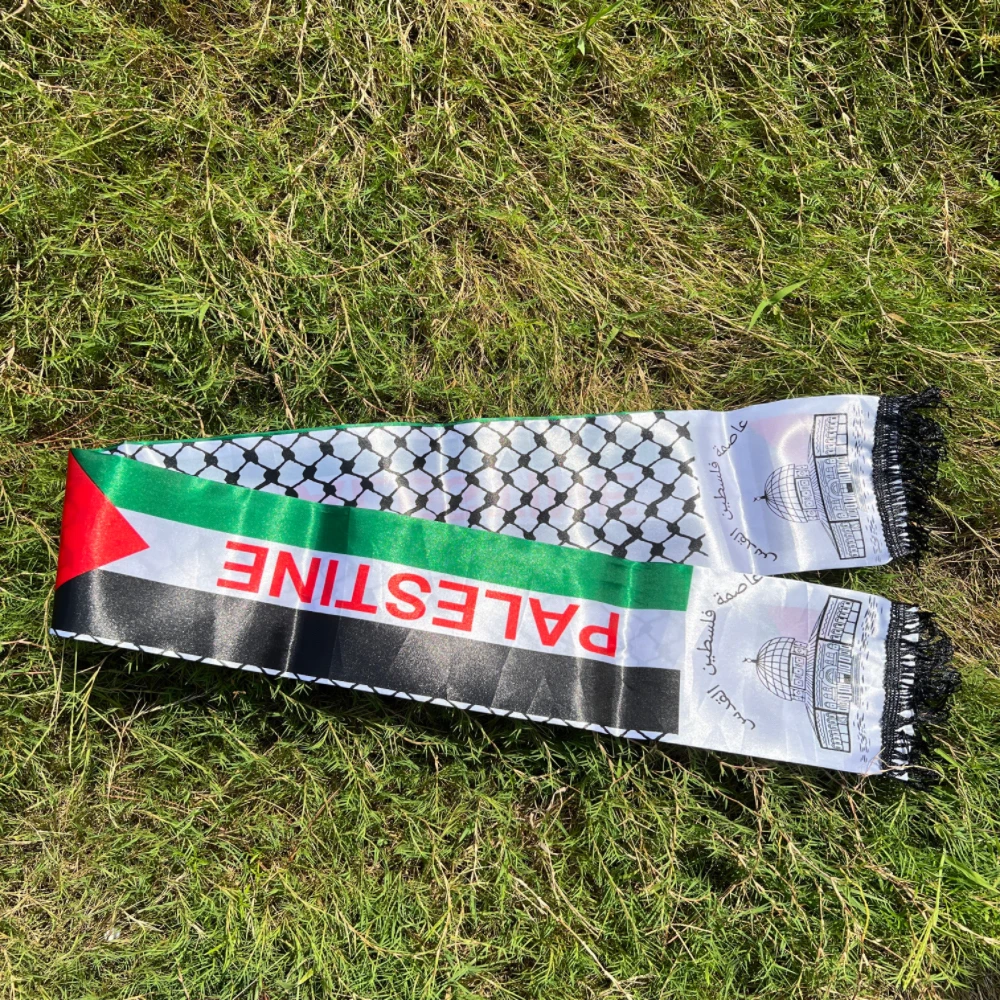 وشاح فلسطين 130 × 14 سم وجه ستان مطبوع فلسطين علم اليوم الوطني خريطة القصر وشاح شال #4