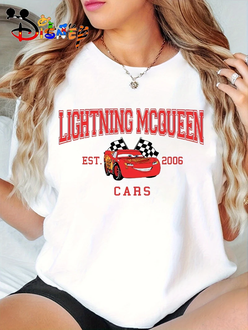 متعة 2025 الصيف بيع سيارات البرق ماكوين طباعة المرأة تيز ديزني ذات علامة تجارية مشتركة تي شيرت لكل من الرجال والنساء في 2025 أفضل Y2k
