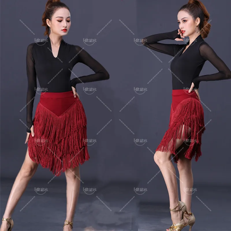 

Womens Latin Dance Skirt Latin Fringed Tassels Skirt Irregular V-Shape Dance Wear Red Blue Green Black Big Size 5XL