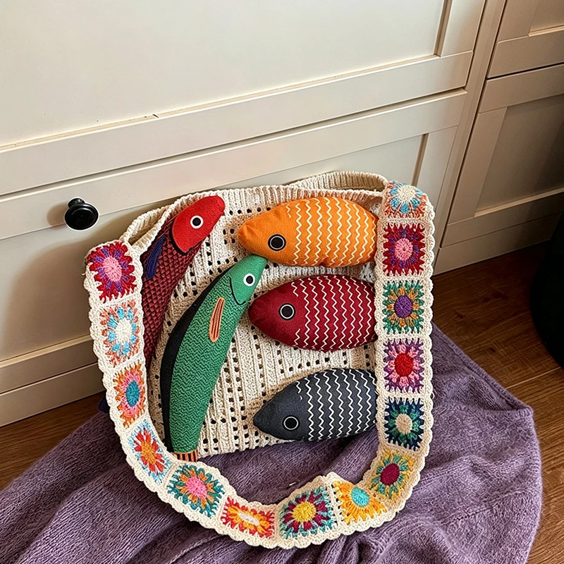Cartoon Mingtai Fish Yanji Fish Design Women's Knitting Hobo Shoulder Bags Large Capacity Knitted Woven Shopping Commute Tote