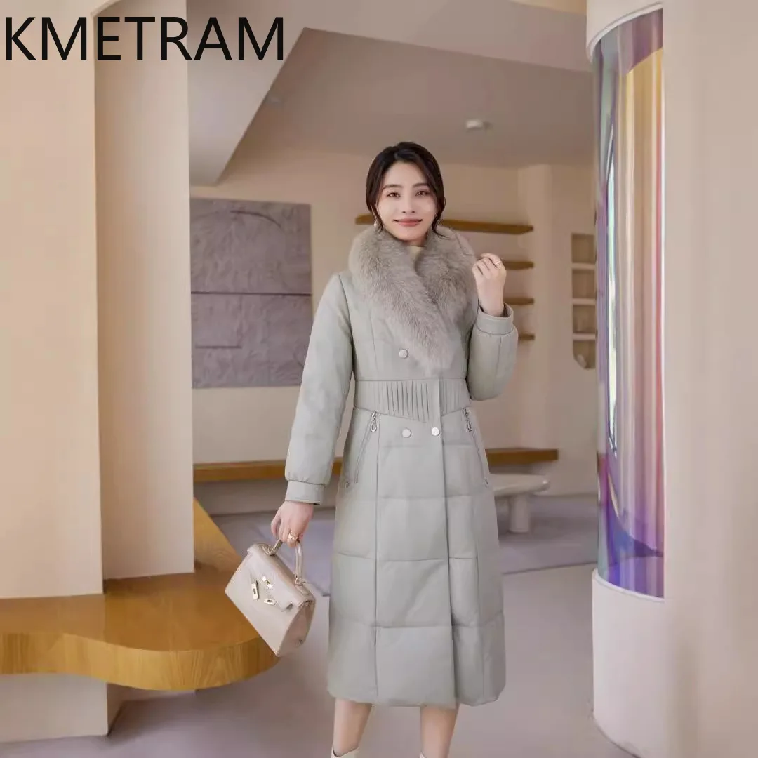 Pufferjacke aus 100 % Schaffell für Damen, hochwertiges echtes Leder, lange Daunenmäntel mit Fuchspelzkragen, Winterkleidung, 2025, Arteхок