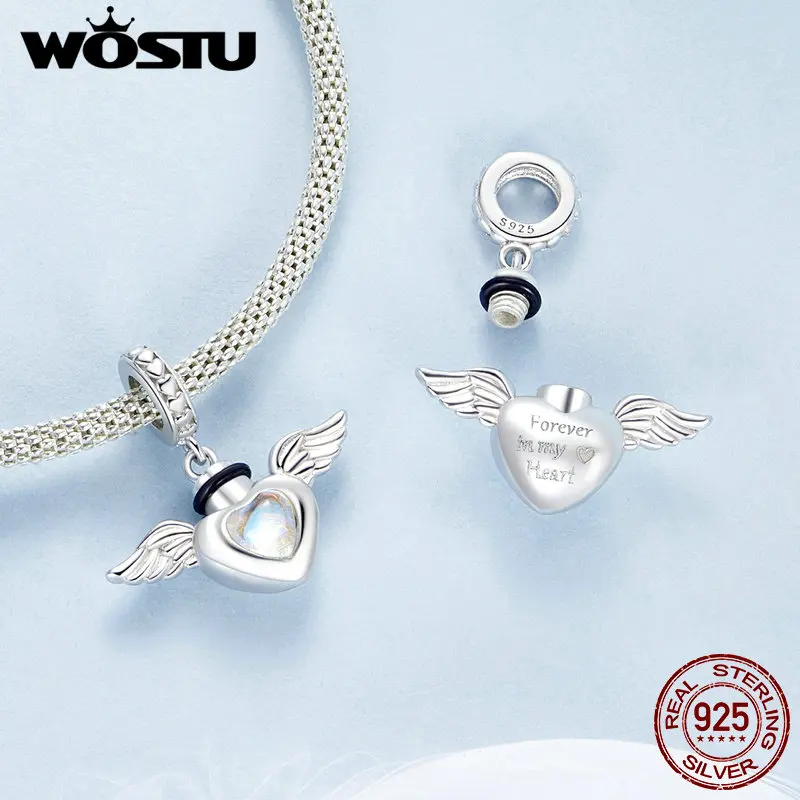 WOSTU 925 Sterling Silver Pet Memorial Urn Ashes Pendant Opened Heart Dangle Charm Paw Wings Fit Original Bracelet Customizable