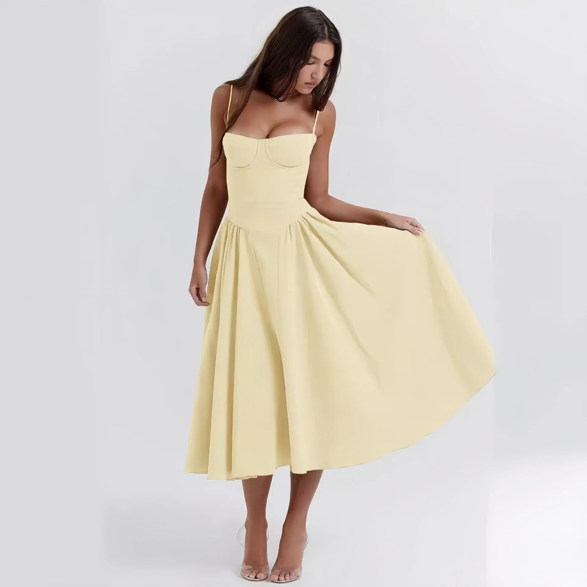 Elegant Solid Chest Wrapped Sling Dress Women Sexy Off Shoulder Pleated Maxi Vestidos 2024 Summer Ladies Vacation Party Dresses