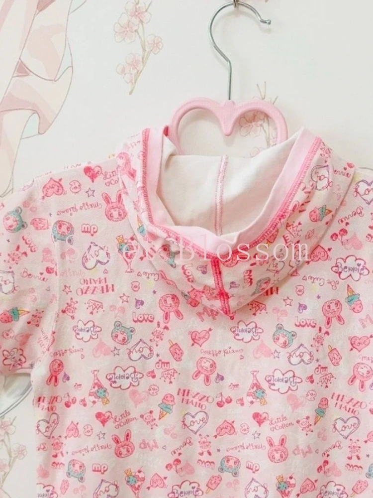 Japanese Sweet Lovely Chic Hooded Tops Women New Design Print Kawaii Short Sleeves Blouses Harajuku Y2K Slim Thin Pink Cardigan