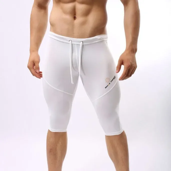 Pantalones cortos elásticos de LICRA para hombre, ropa Sexy hasta la rodilla, Bóxer largo, ropa para correr