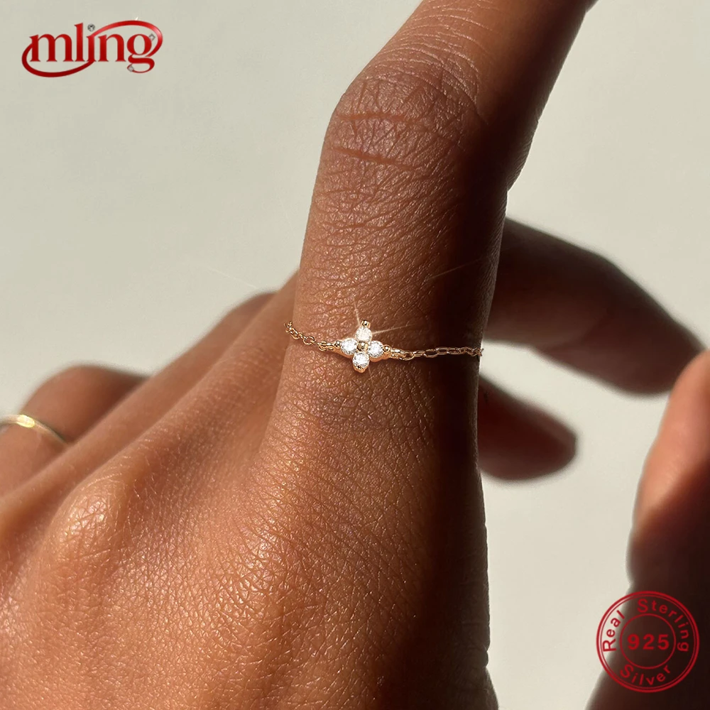 

MLING 925 Sterling Silver Four-leaf Clover Petal Zircon Finger Rings For Women Octagonal Star Adjustable Opening Chain Ring Gift
