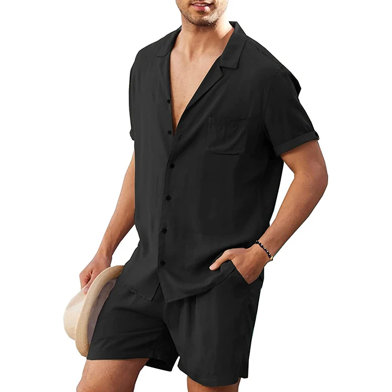 Men's Linen Short Sleeve Shirt Suit Summer New Men's Shorts Loose Casual Cardigan Shirt Shorts