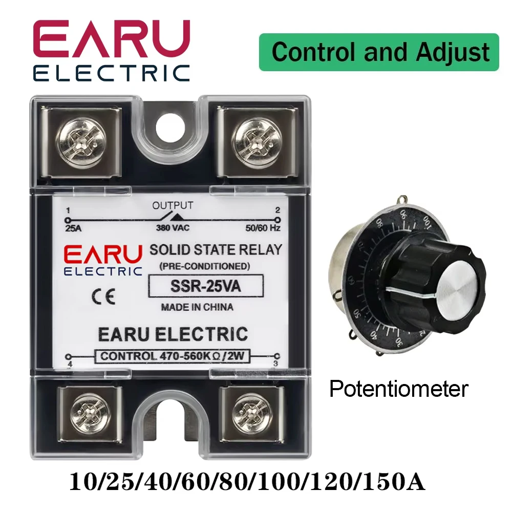 EARU SSR-10VA 25VA 40VA Solid State Relay Voltage Regulator SSR 10A-150A AC 380V Output Potentiometer PID Temperature Controller