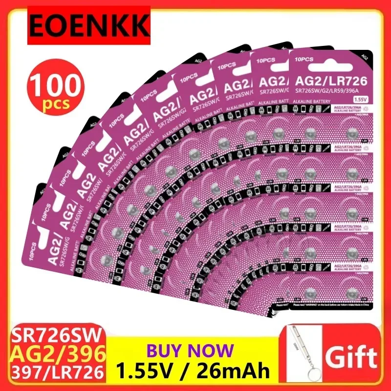 NEW 100PCS AG2 Button Cell Alkaline Battery LR726 396 Coin Battery1.55V SR726SW 396A LR726 397 for Watches Toys No Mercury