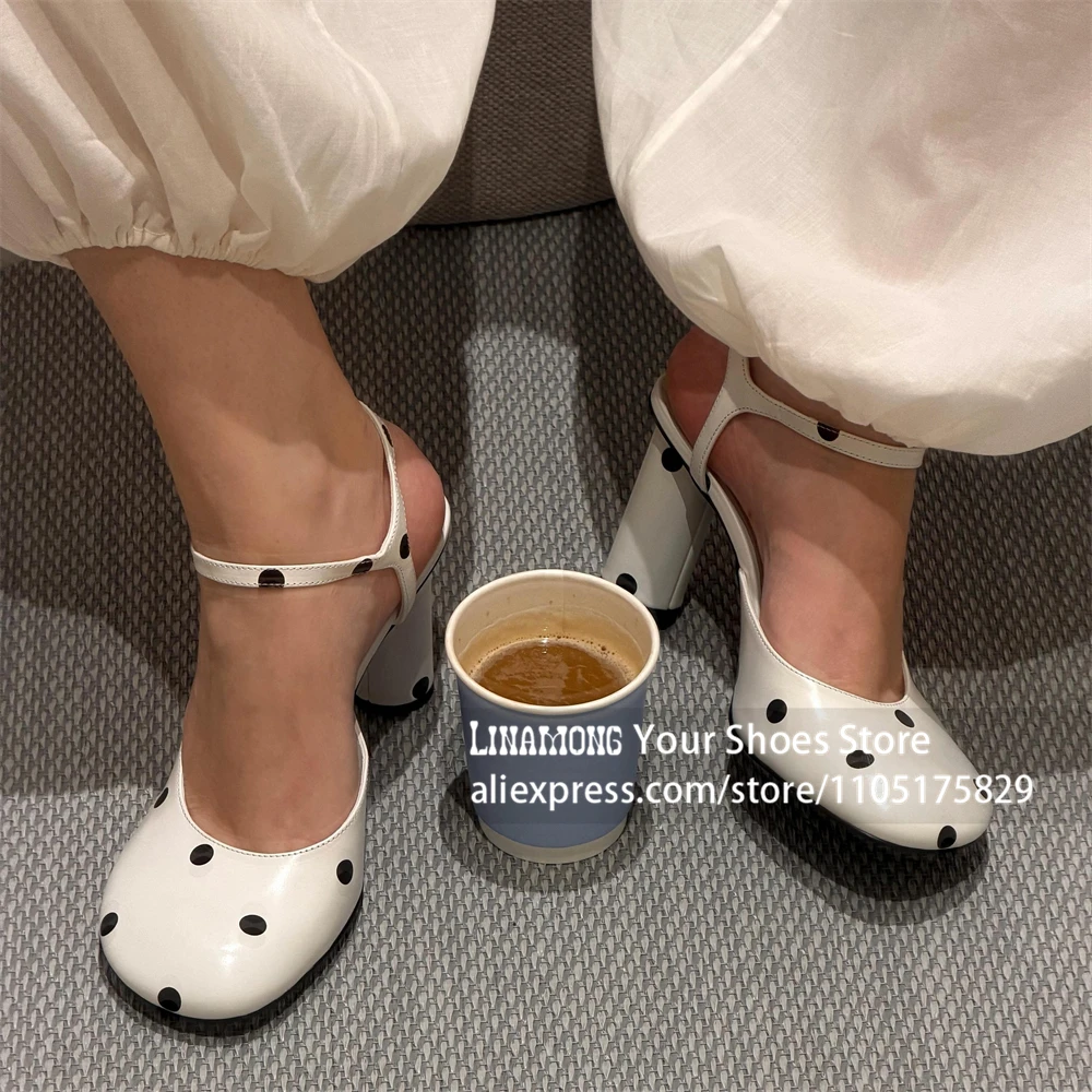 Cute Round Toe Cylindrical Heel Sandals Black and White Polka Dot Buckle High Heels Designer Style Ankle Strap Handmade Footwear - view 2