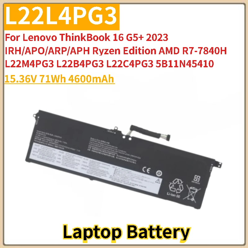 Laptop Battery L22L4PG3 15.36V 71Wh 4600mAh For Lenovo ThinkBook 16 G5+2023 IRH/APO/ARP/APH Ryzen Edition AMD R7-7840H L22M4PG3
