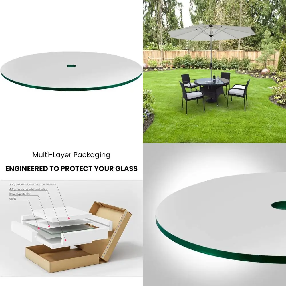 

60 Inch Tempered Glass Round Table Top with Center Hole for Patio and Outdoor Use