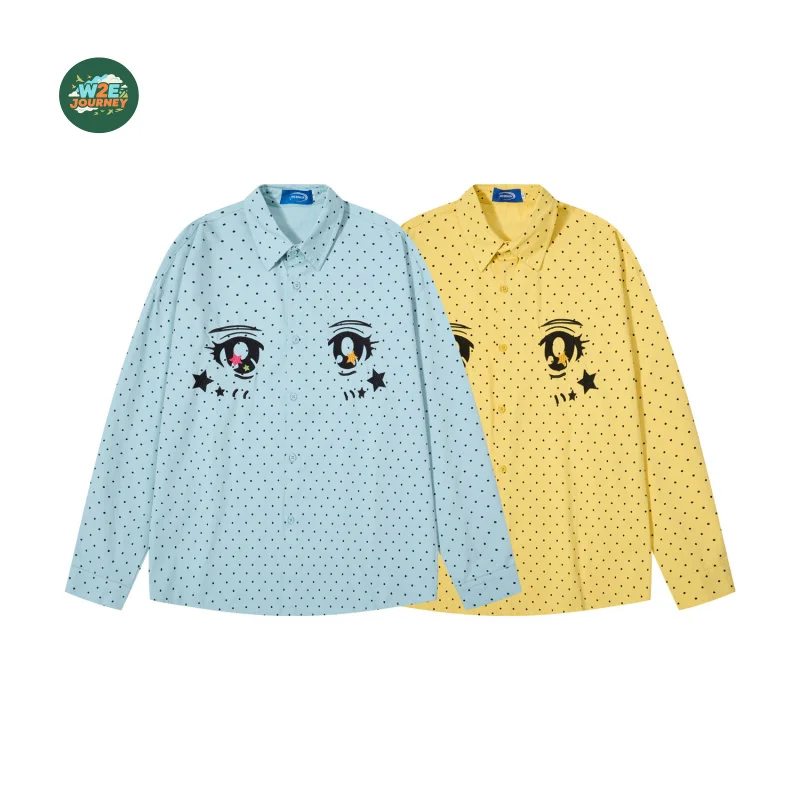 W2EJOURNEY EU US Size Luxury Quality Casual Shirt Outdoor Wear Retro Fun Comic Big-Eye Embroidery Long-Sleeve Shirt