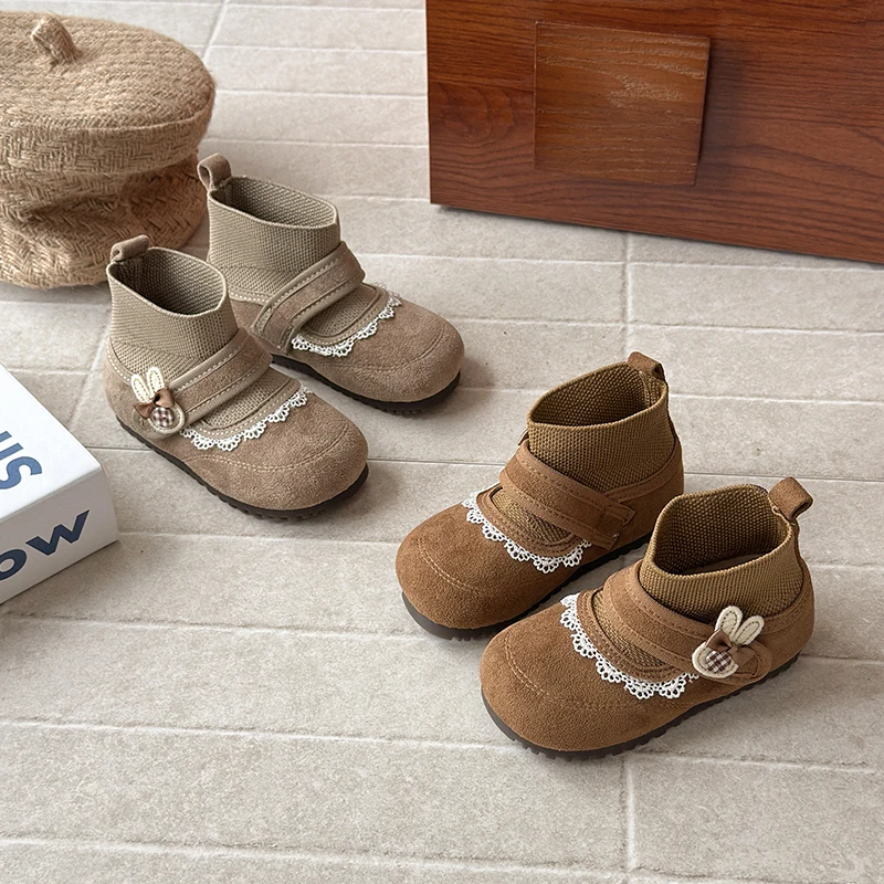 

2025 Autumn Girls Lace Ankle Boots Girls Soft Sole Anti Slip Mary Jane Princess Shoes Baby Socks Boots Cute Children Short Boots