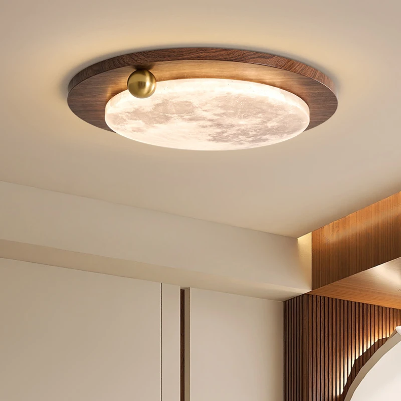 2025 Nueva luz de techo LED nórdica retro nogal sala de estar dormitorio pantalla acrílica estudio pasillo estilo crema decoración del hogar