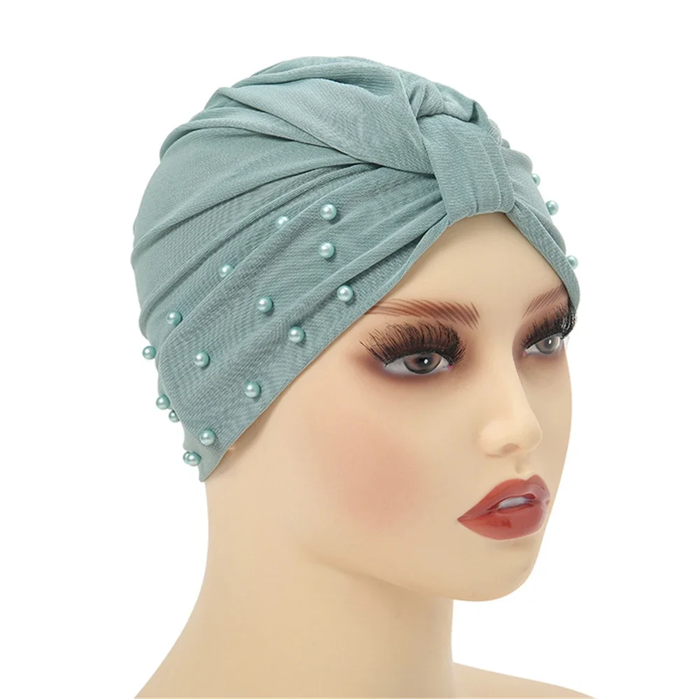 Indian Beaded Turban Knot Beanie Women Cancer Chemo Cap Muslim Inner Hat Islamic Hair Loss Headscarf Bonnet Stretch Underscarf