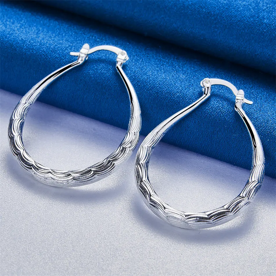 925 Sterling Silver 30mm Exquisite Wave Textured Large Hoop Earrings for Women Fashion Gift Accessories Party Jewelry - view 2