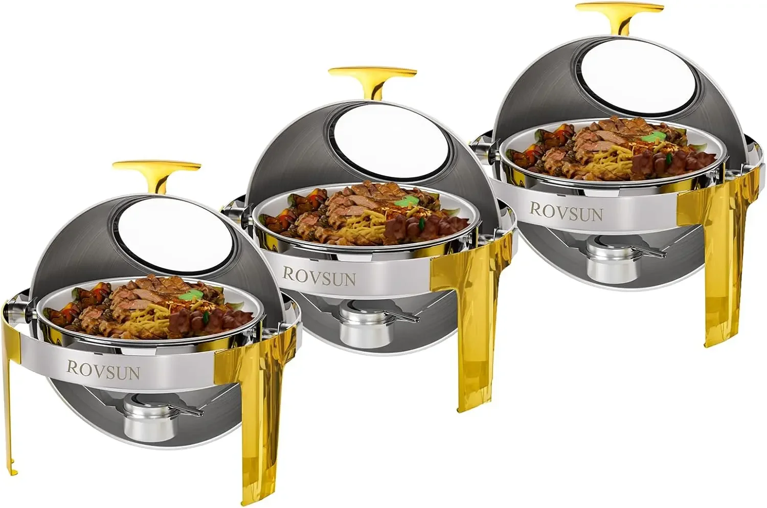 

ROVSUN 3 Packs Roll Top Chafing Dish Buffet Set Gold Accent,6 Quart Round Stainless Steel Chafer, Buffet Servers and Warmers