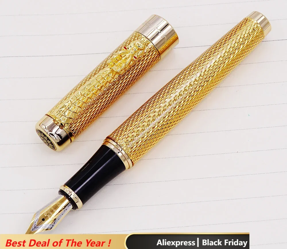 Jinhao 1200 Vintage Luxurious Fountain Pen Beautiful Ripple with Dragon Clip, Noble Golden Metal Carving Ink Pens Collection