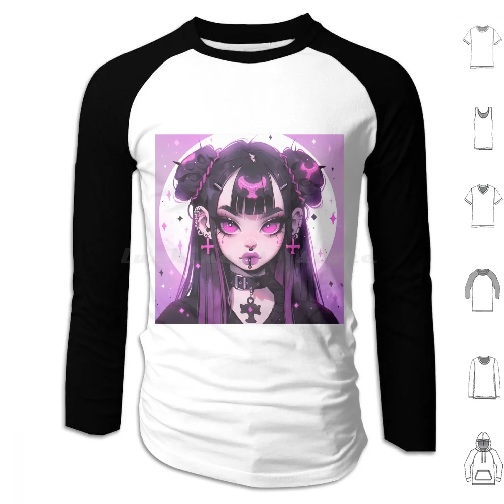 Cute Pierced Pink Goth Anime Girl Hoodies Long Sleeve Cute Kawaii Pierced Piercings Pink Goth Punk Anime Girl Septum