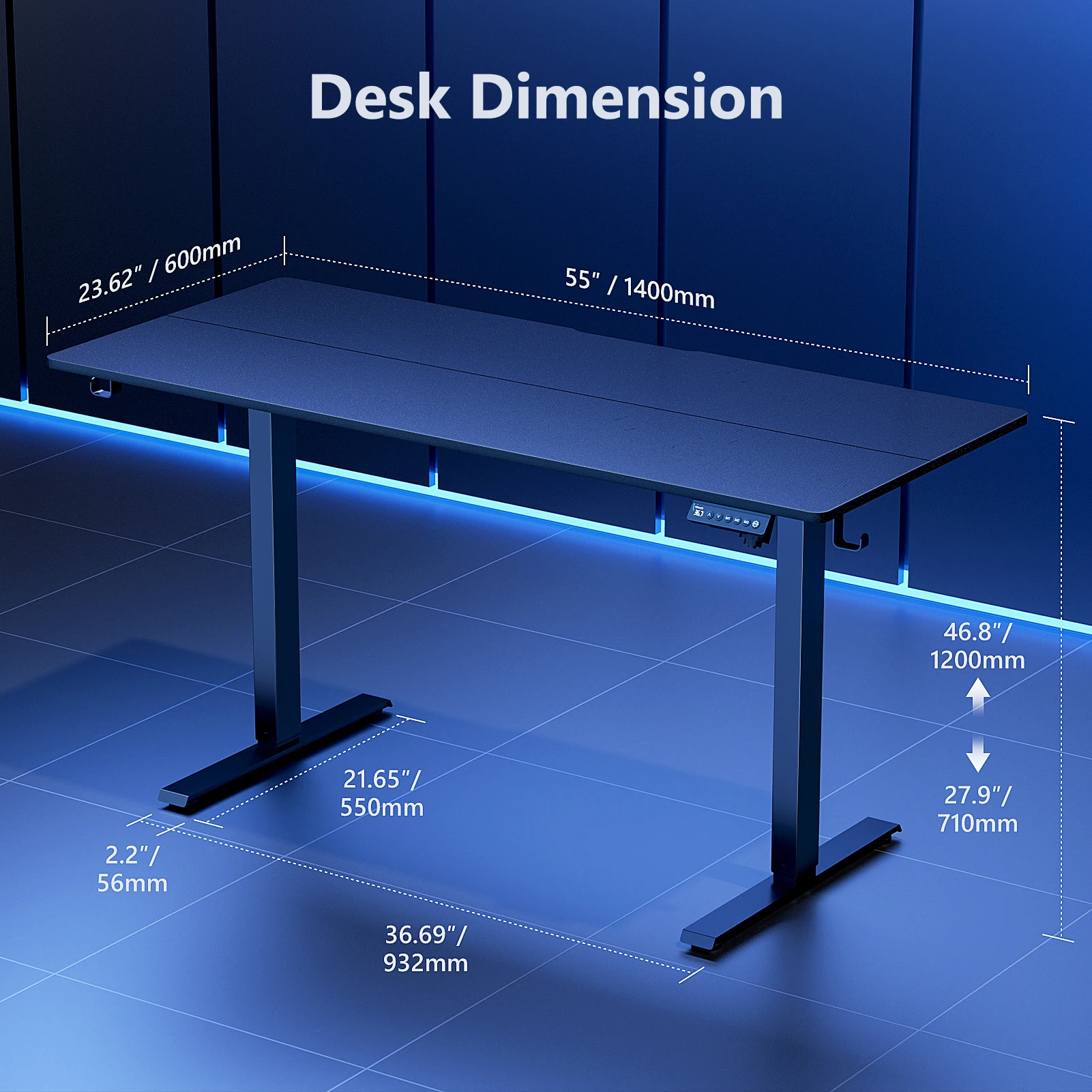 VVENACE Mesa elétrica de pé com altura ajustável, 55 polegadas, 4 memória, altura ergonômica, mesa de pé para escritório doméstico