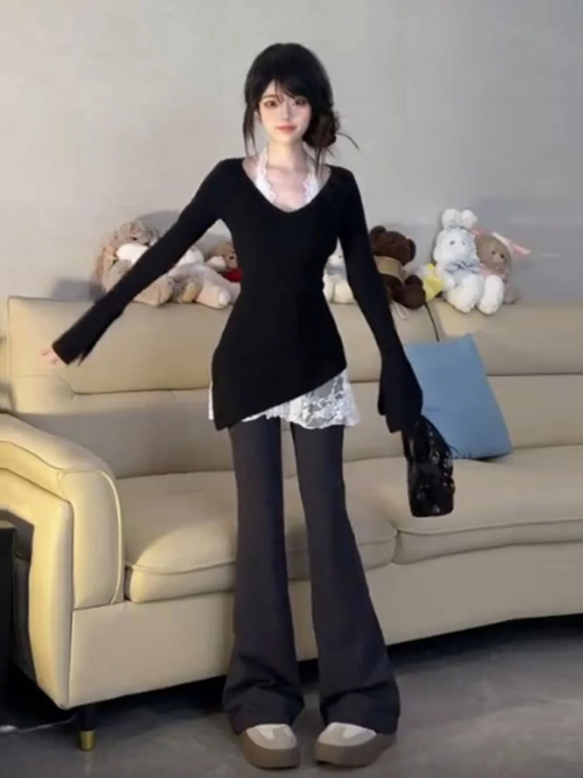 

Spring Lace Base Layer Shirt Irregular Knitted Sweater Two-Piece Set Korean Style Fashion Design Unique Small Audience