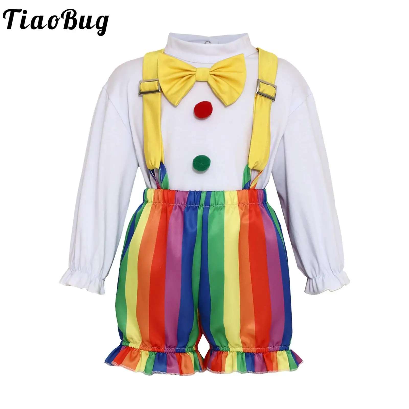 Ropa de bebé para niños pequeños, disfraz de payaso de circo de Halloween, disfraz de Joker, pajarita de manga larga, pelele con pompón y tirantes, conjunto de pantalones cortos