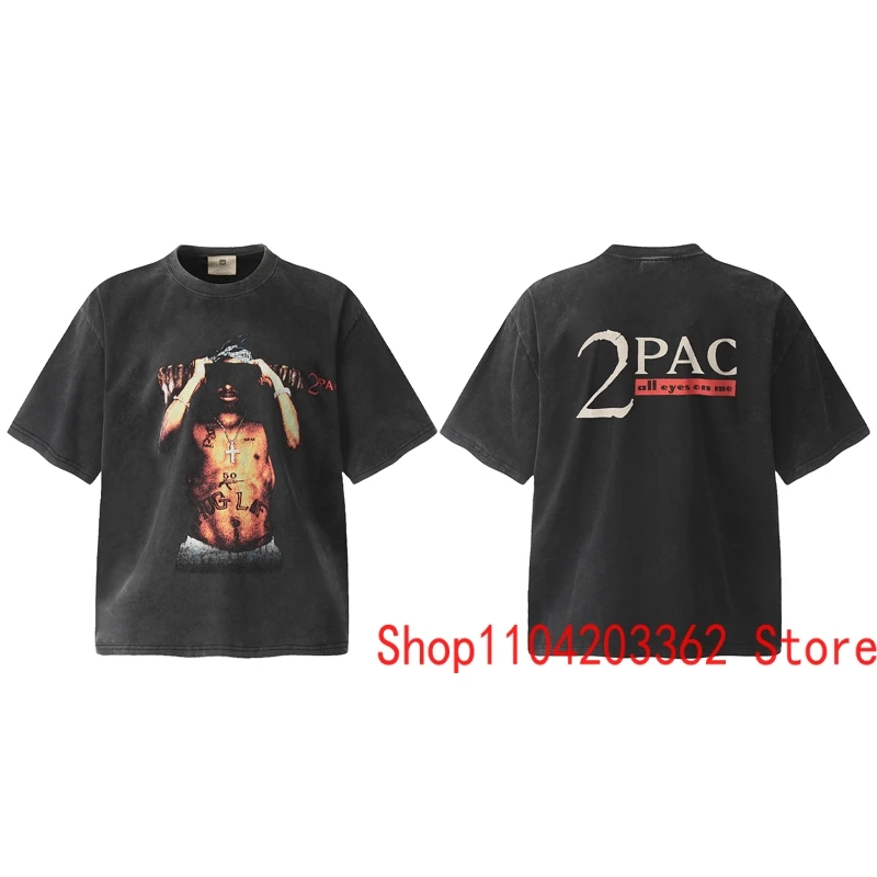 High Street Retro Washed 2PAC Short Sleeve Men's Loose Casual Rap Hip Hop Style Crew-neck T-shirt Tupac T-shirt Tops