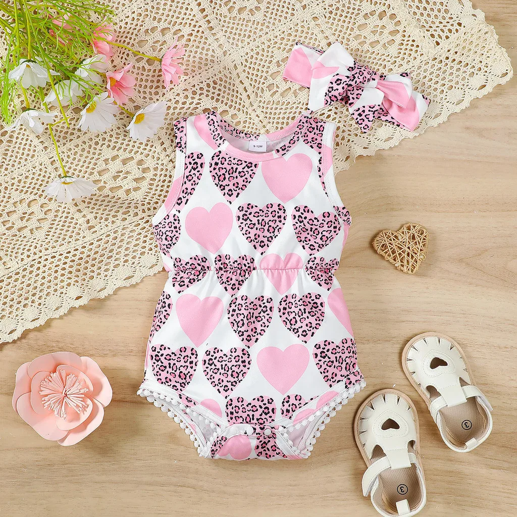 2PCS Newborn Baby Girl Romper Sleeveless Heart Bodysuit+Headband Summer Simple Leisure Jumpsuit for Infant Girl 3-24 Months