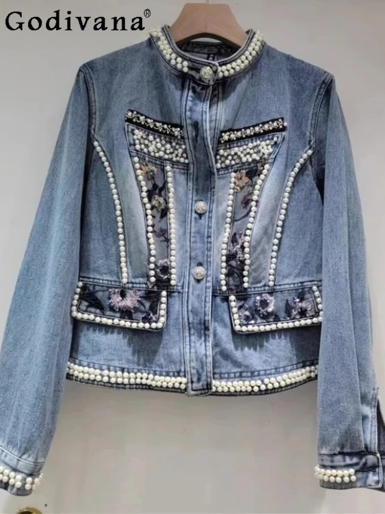 2025 Autumn New Heavy Industry Beaded Long-sleeved Denim Jacket Women's Loose Fashion Blue Versatile Short Turn-down Collar Top