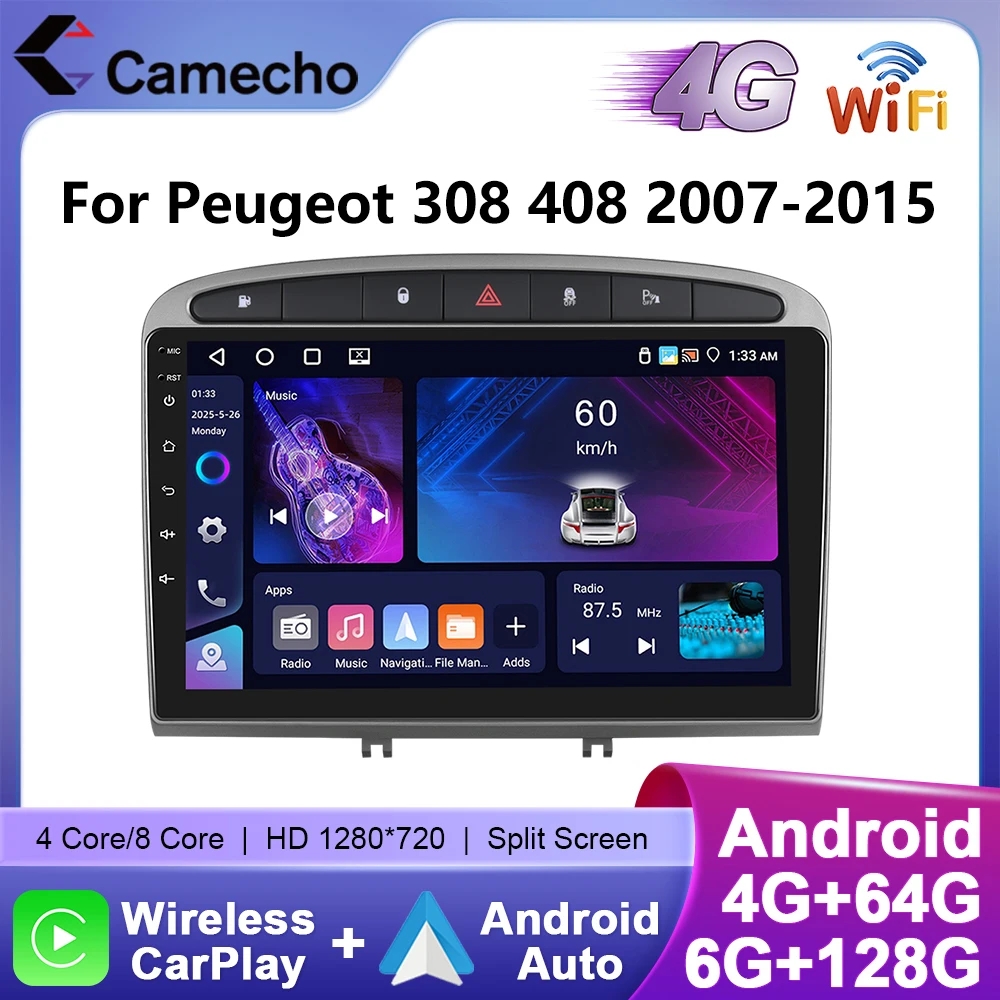 Camecho Wireless Carplay Android Auto Radio per Peugeot 308 408 2007-2015 Sistema intelligente per auto 6 + 128G 4G WIFI GPS Car Stereo