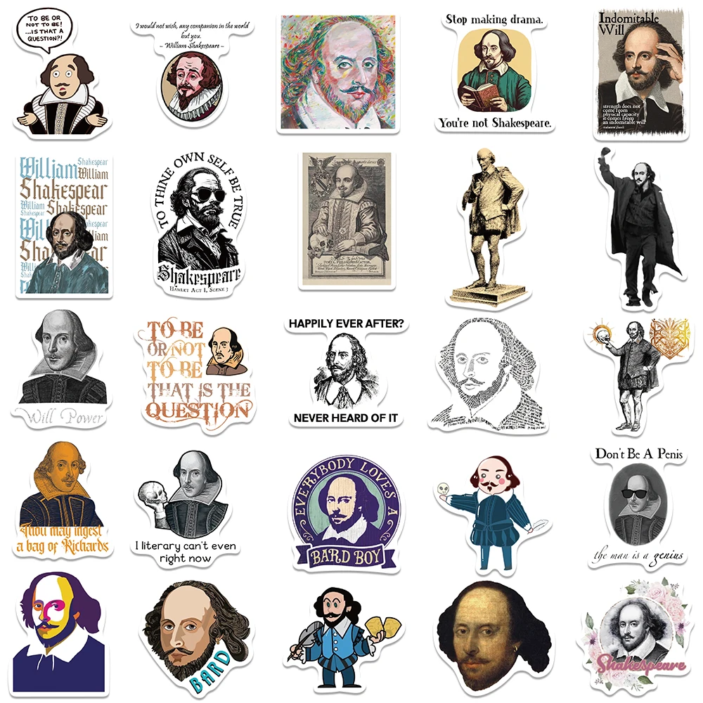 50PCS William Shakespeare Renaissance Vinyl Waterproof Stickers for Water Bottle Laptop Skateboard Scrapbook Luggage Kids Toy