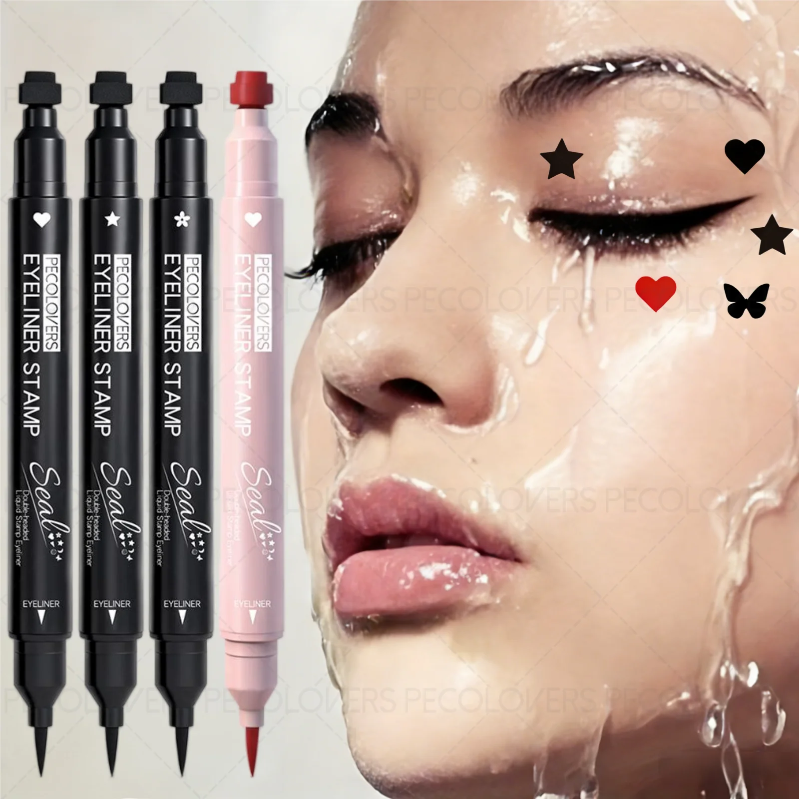 1 Stück flüssiger Eyeliner mit zwei Enden – schnell trocknend, wasserfest, in verschiedenen Mustern erhältlich (Sterne, Herzen, Schmetterlinge)