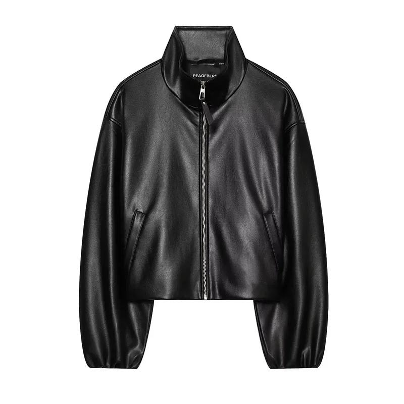 Black Leather Jacket for Women Spring Autumn New Commuter Standing Collar PU Coat Trendy Long Sleeved Versatile Jacket