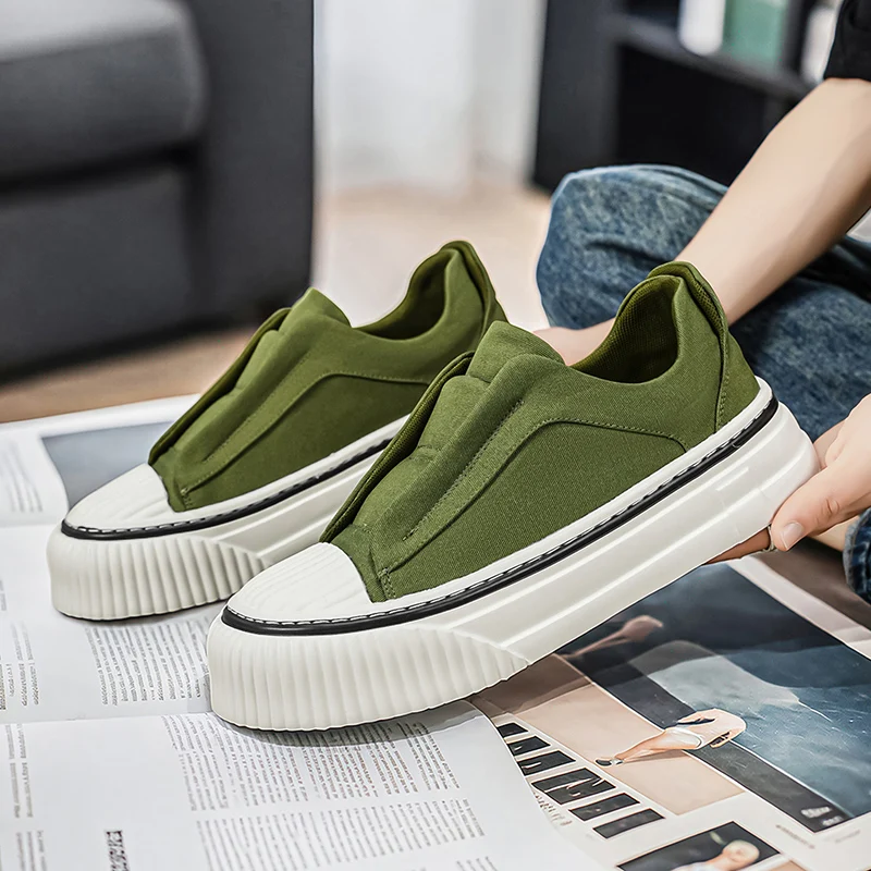 

Retro Green Canvas Men's Shoes Lightweight Platform Elastic Band Casual Sneakers Fashion Street Walking Shoes High Quality