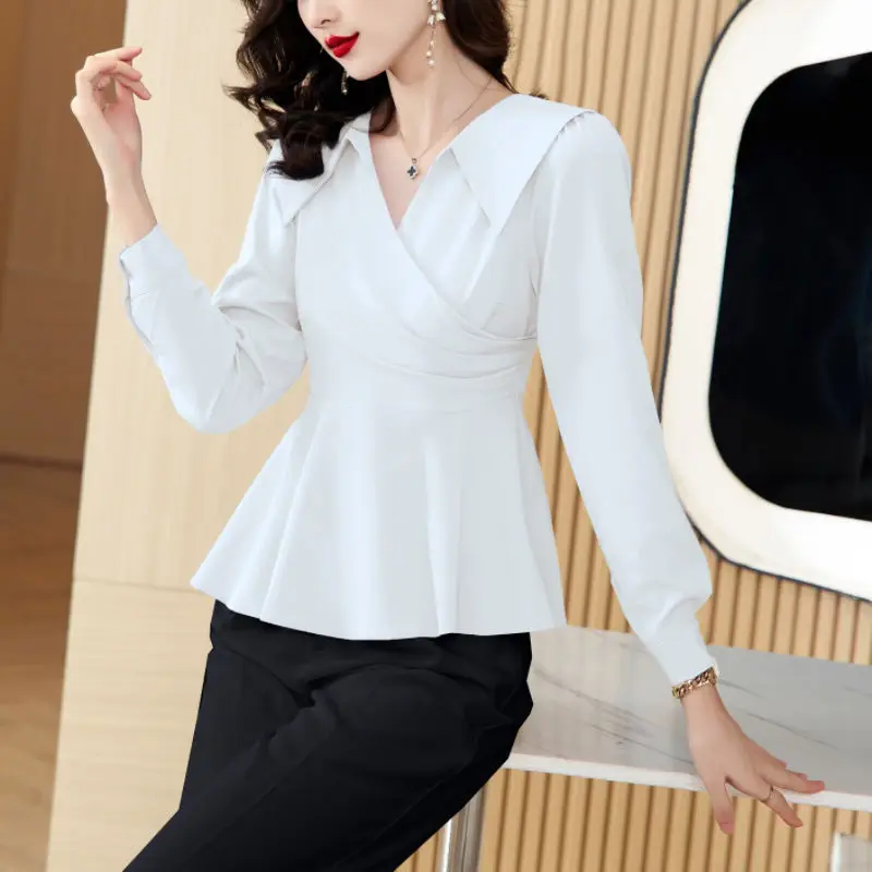 Womens Clothing Korean V Neck Ruched Elegant Blouses Autumn Office Lady Slim Shirts Solid Long Sleeve Tops Blusa Mujer Moda 2023