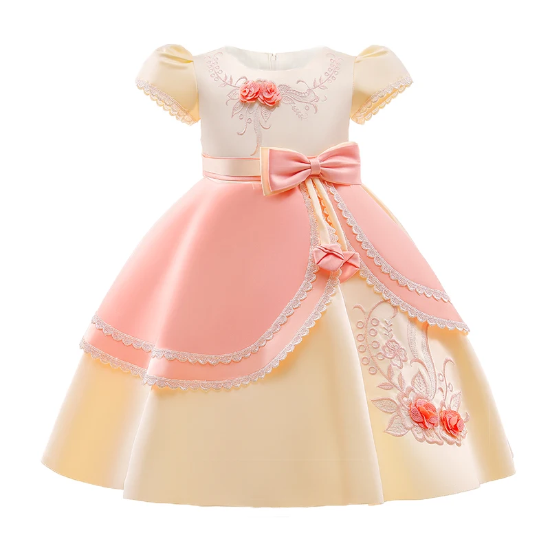 Embroidery Flower Bow Princess Party Dress For Girl Children Costume Puff Sleeve Kids Clothes Birthday Wedding Gown Prom Vestido