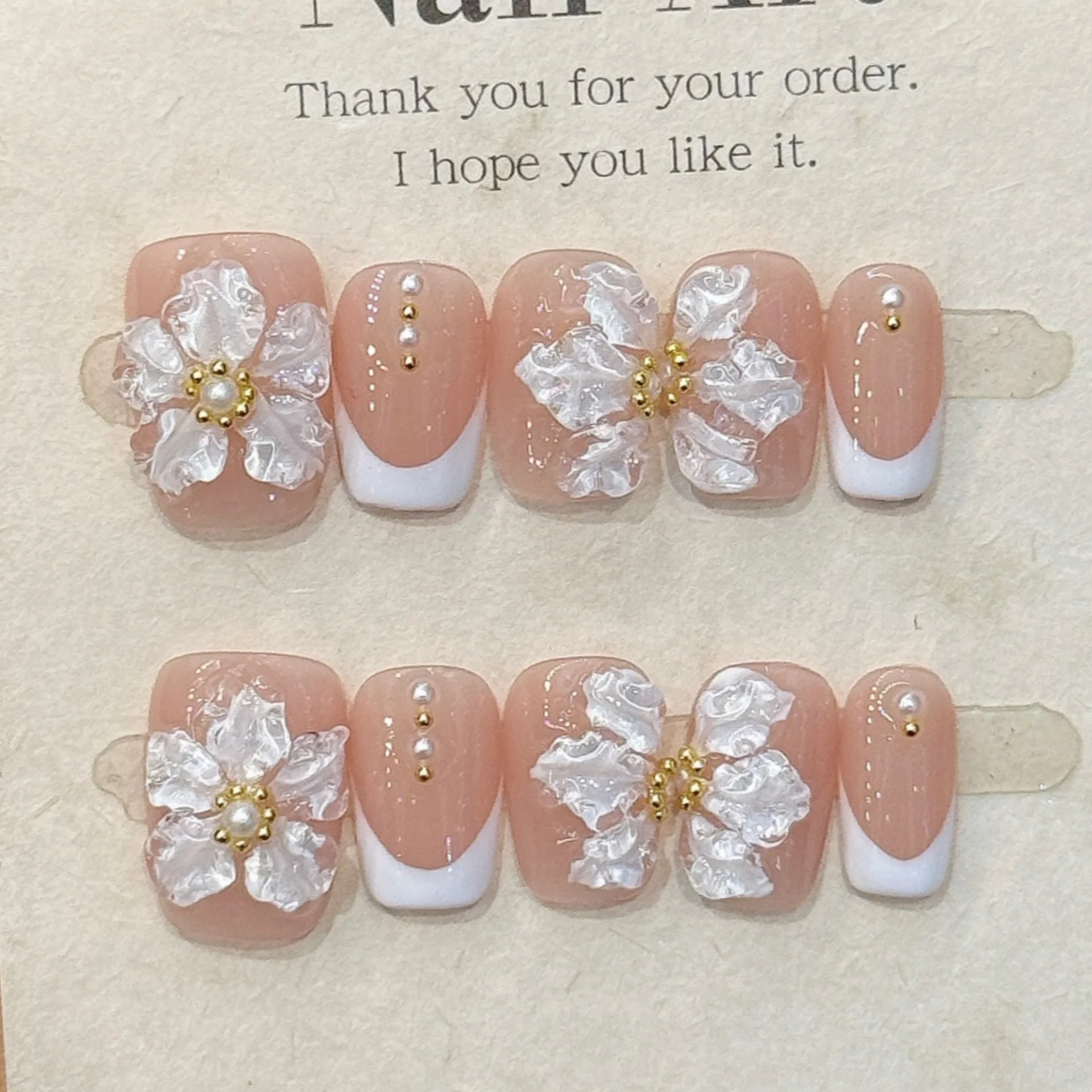 

10pcs Nude Color Handmade Fake Nail Tips French Short Ballet False Nail Art Finished Reusable Flower Pearl Design Press on Nails