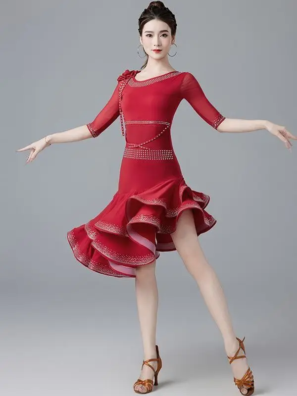

Latin Dance Dress New Female Professional Competition Performance Flower Dress Practice Dress Hot Diamond Dance Costume
