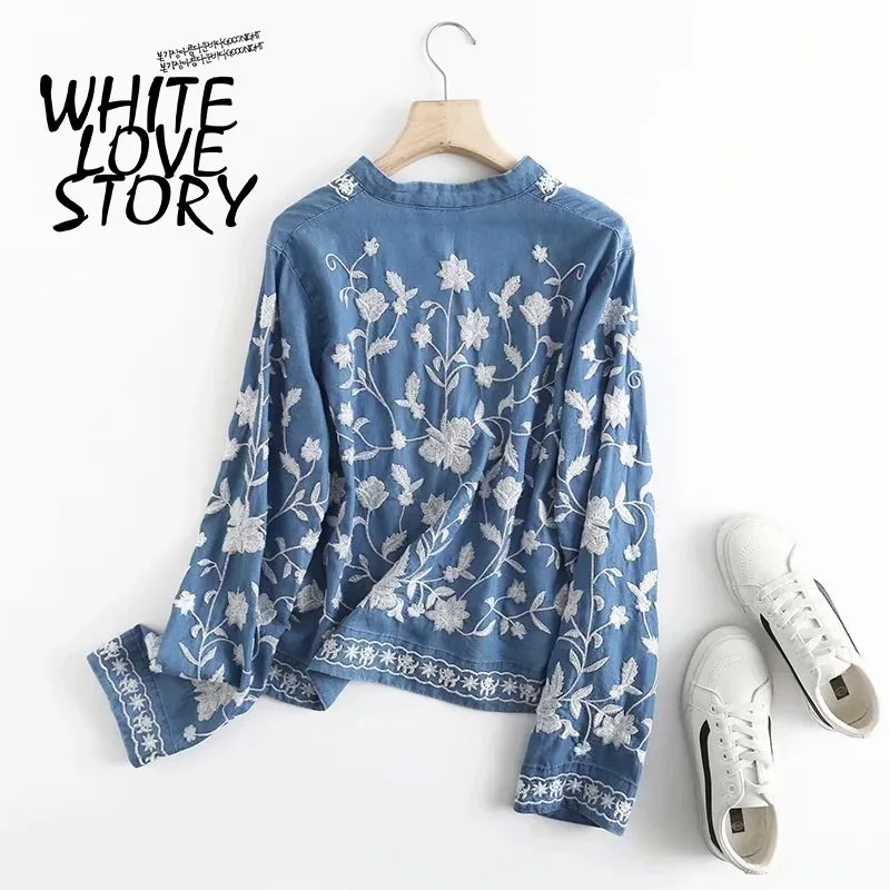 3/4 Sleeve Denim Shirt Women\'s Spring Summer Soft Jeans V Necks Floral Embroidery Blouses Thin Coat Tops New 2023 T35432M