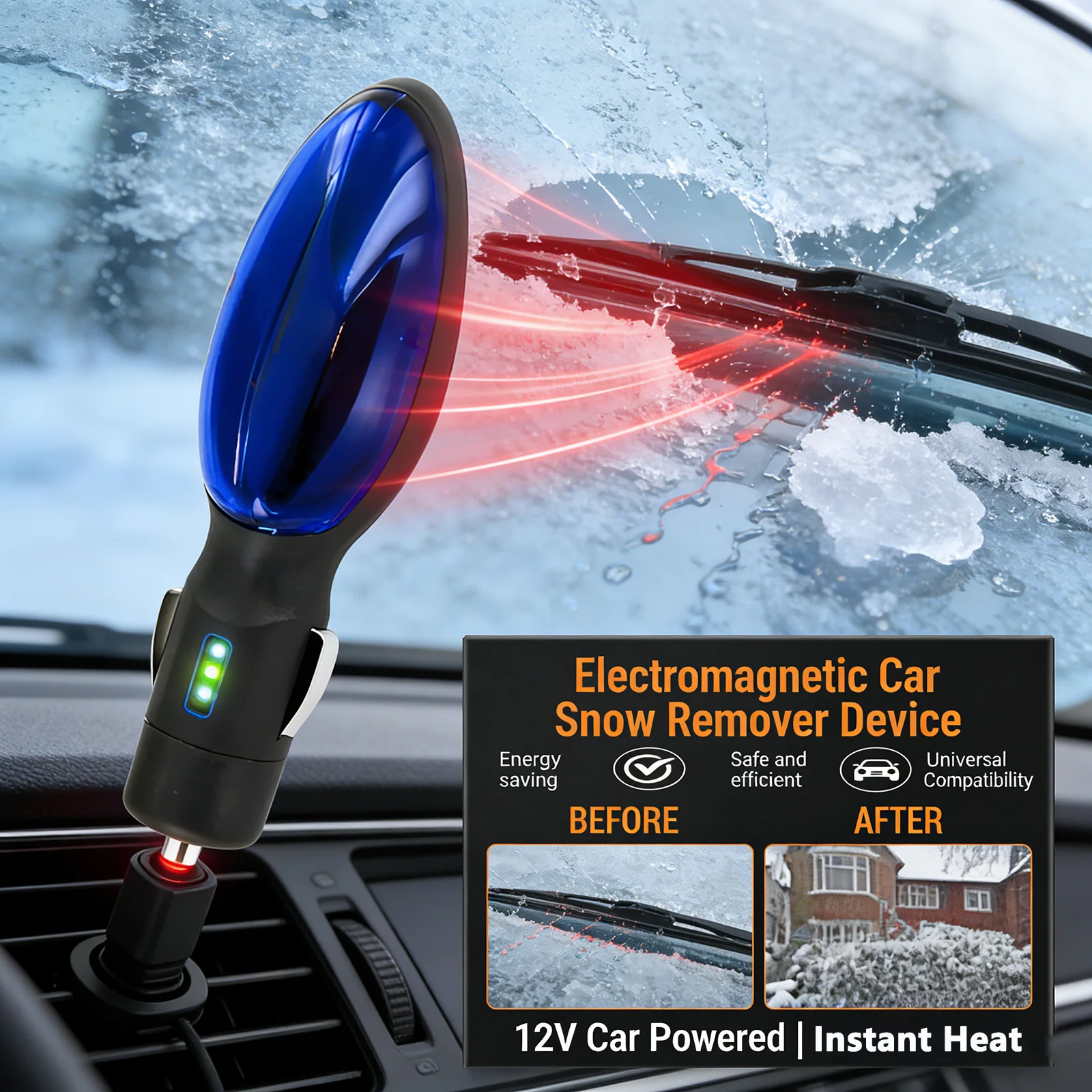 Electromagnetic Heater for Car Windshield Fast Snow & Ice Melter Defroster Cigarette Lighter Plug-in Deicer Tool for Winter